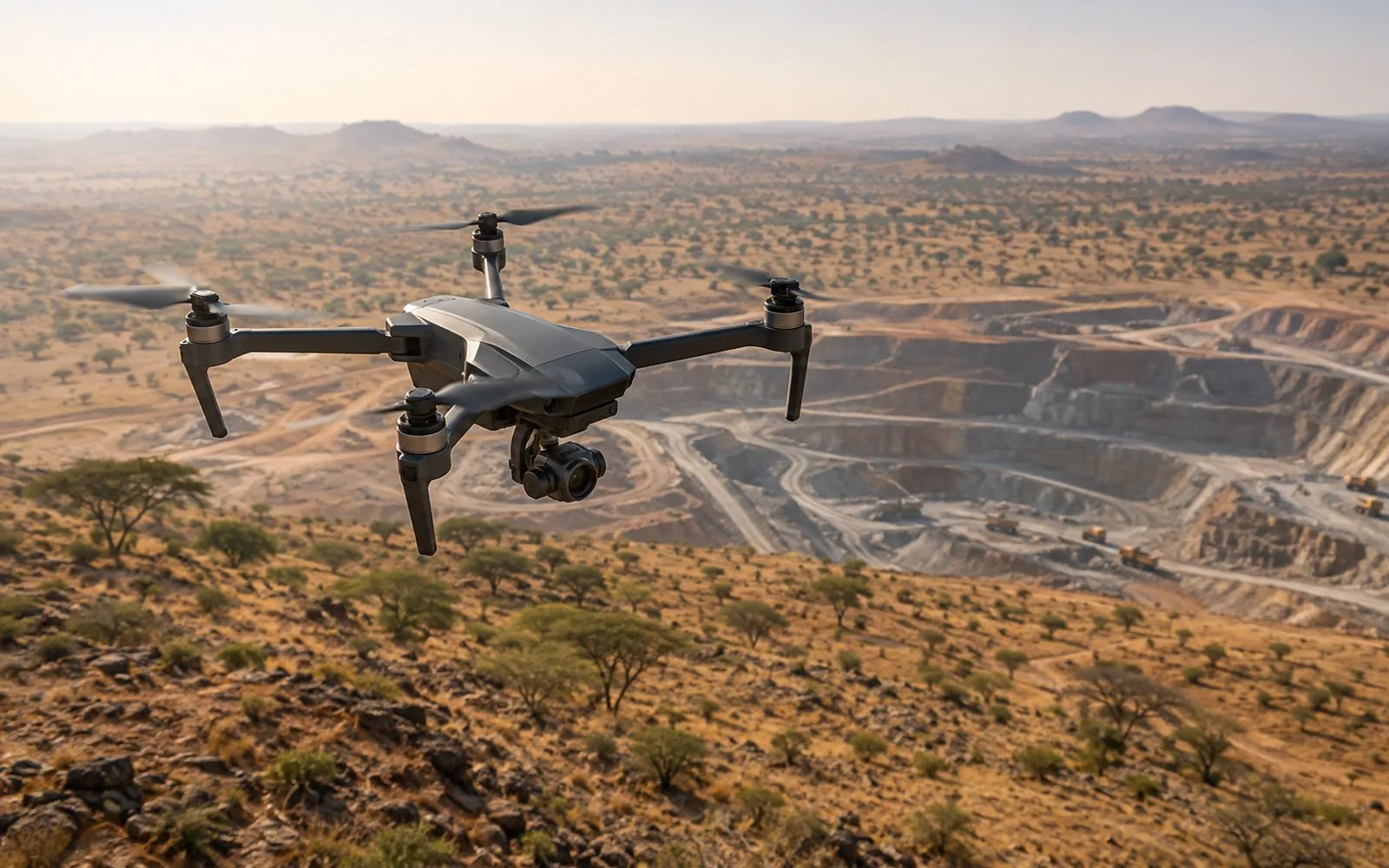 Drone civil en vol au-dessus d'un site minier